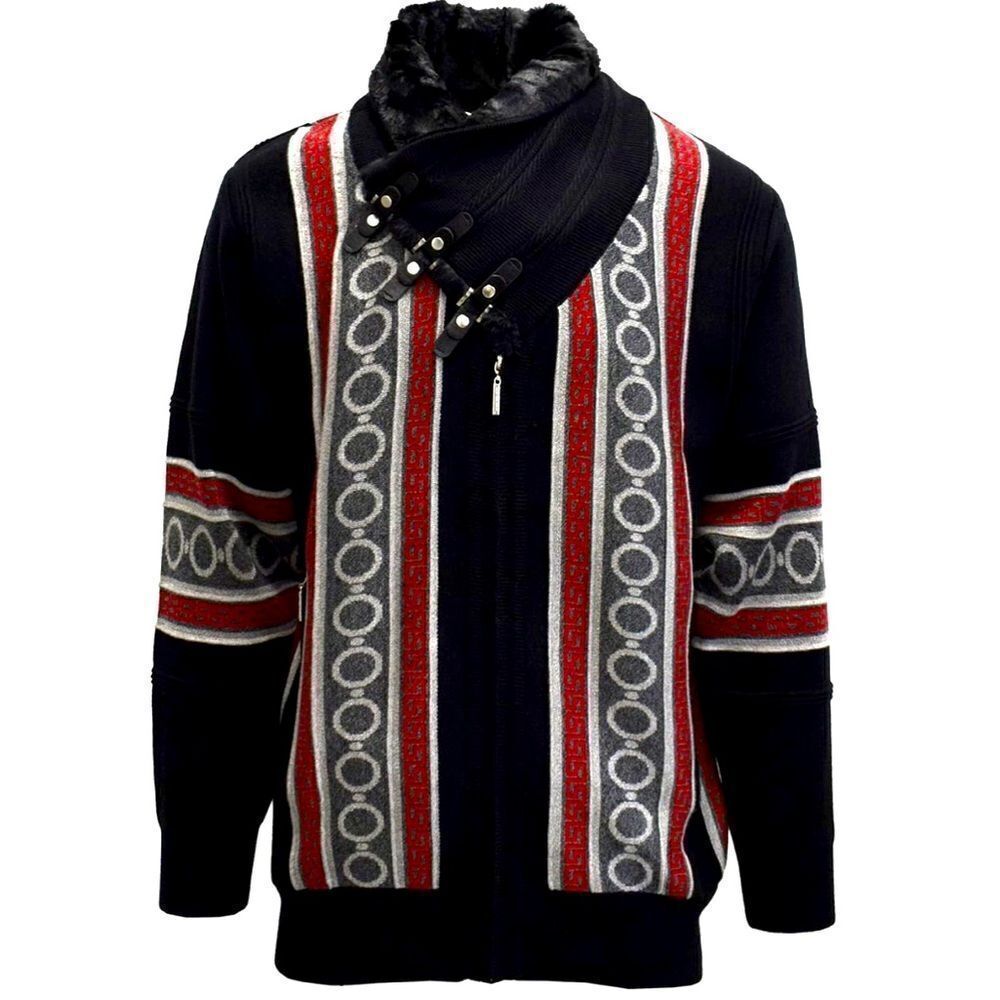 Silversilk Italian Connection Black Geometric Buckle Fur Knit Pullover  NEW